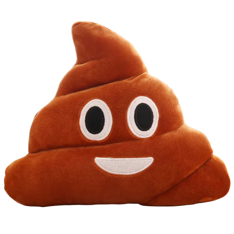 Coussin caca en peluche brun au visage souriant, sur fond blanc