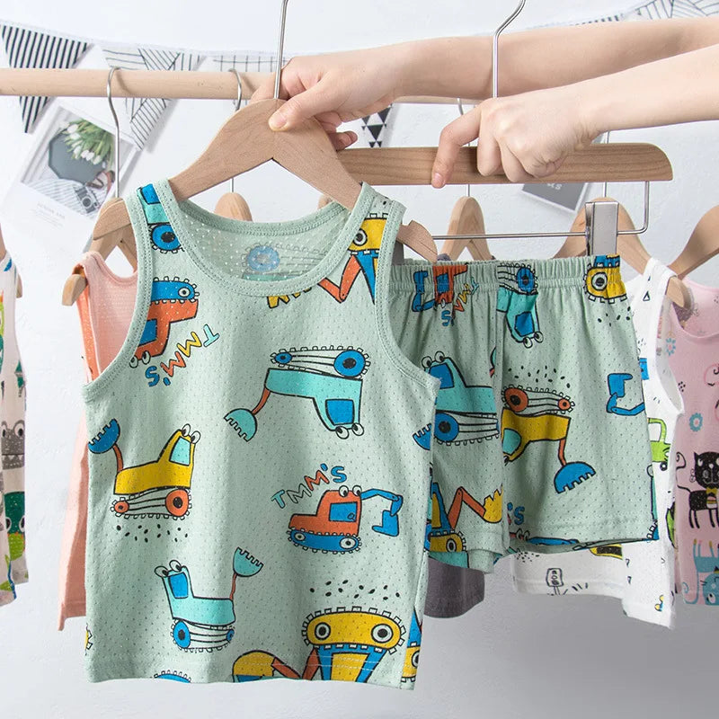 Pyjama Enfant Été 1 à 10 Ans – Ensemble Débardeur & Short | Motifs Animaux et Dinosaures | Coton Respirant