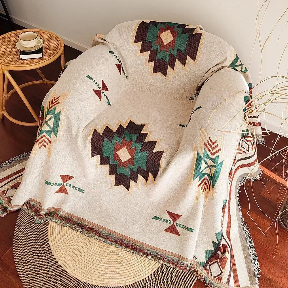 Couverture Aztèque Bohème – Jeté Tissé à Franges | Motifs Géométriques Vintage | Style Southwestern Double Face