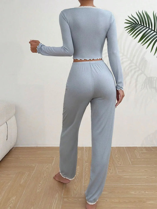 Ensemble Pyjama Femme Automne/Hiver – 2 Pièces Élégantes avec Dentelle