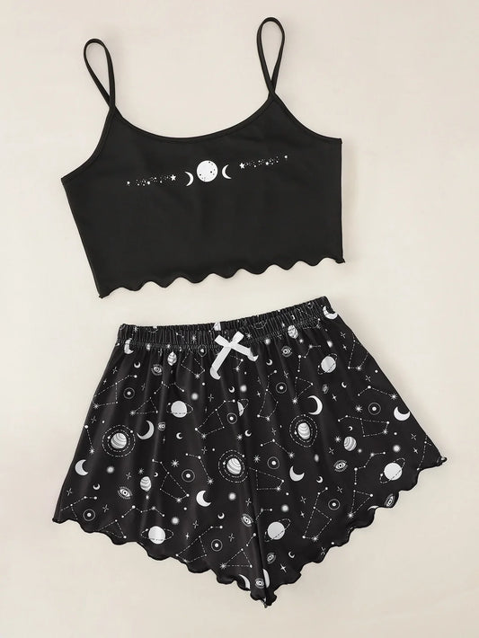 Pyjama Femme Été – Ensemble Débardeur & Short Motif Lune & Étoiles | Loungewear Léger & Confort Nocturne