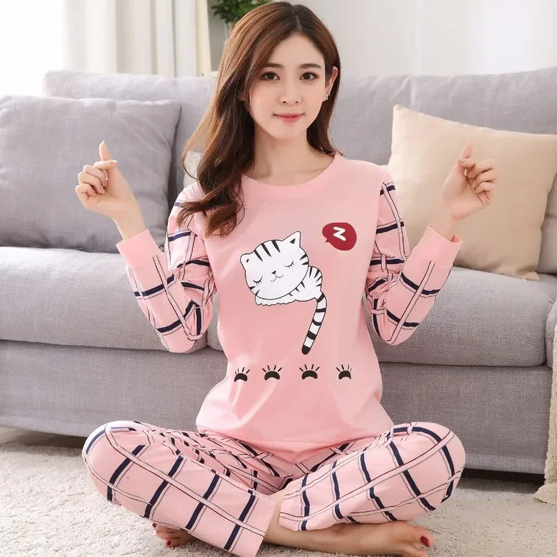 Pyjama Femme Léger Automne – Ensemble 2 Pièces Motif Ours & Chat Tasse | Haut à Col Rond & Pantalon Confort