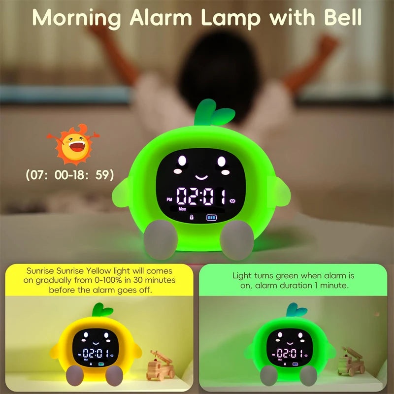 Réveil Enfant LED en Forme de Fruit – Lampe de Nuit, Minuteur Silencieux & Alarme 6-en-1