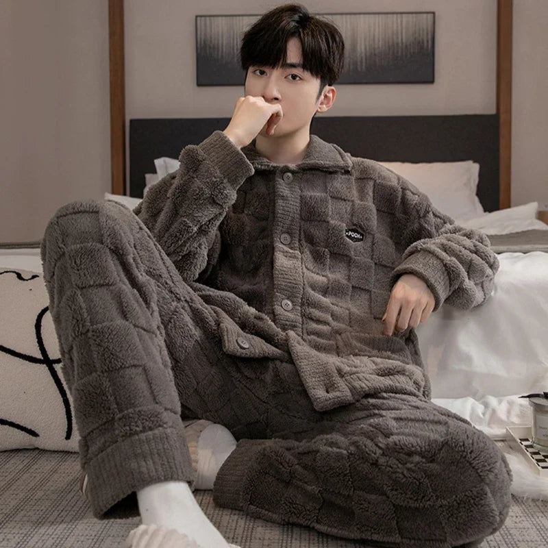 Pyjama Homme Hiver Épais – Ensemble 2 Pièces en Polaire Coral Fleece | Manches Longues & Pantalon Chaud
