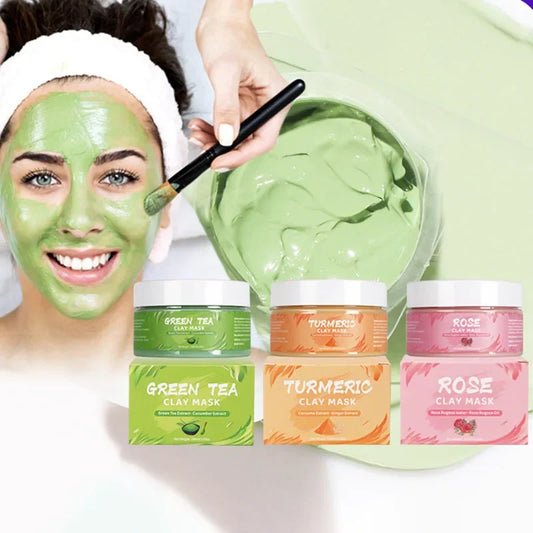 Masque Visage à l’Argile – Curcuma, Rose, Avocat, Thé Vert | Soin Purifiant & Éclat Naturel