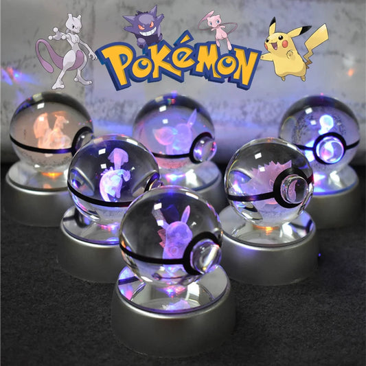 Boule Pokémon Cristal 3D avec Lumière – Pikachu, Gengar, Mewtwo | Pokéball Lumineuse Cadeau Enfant