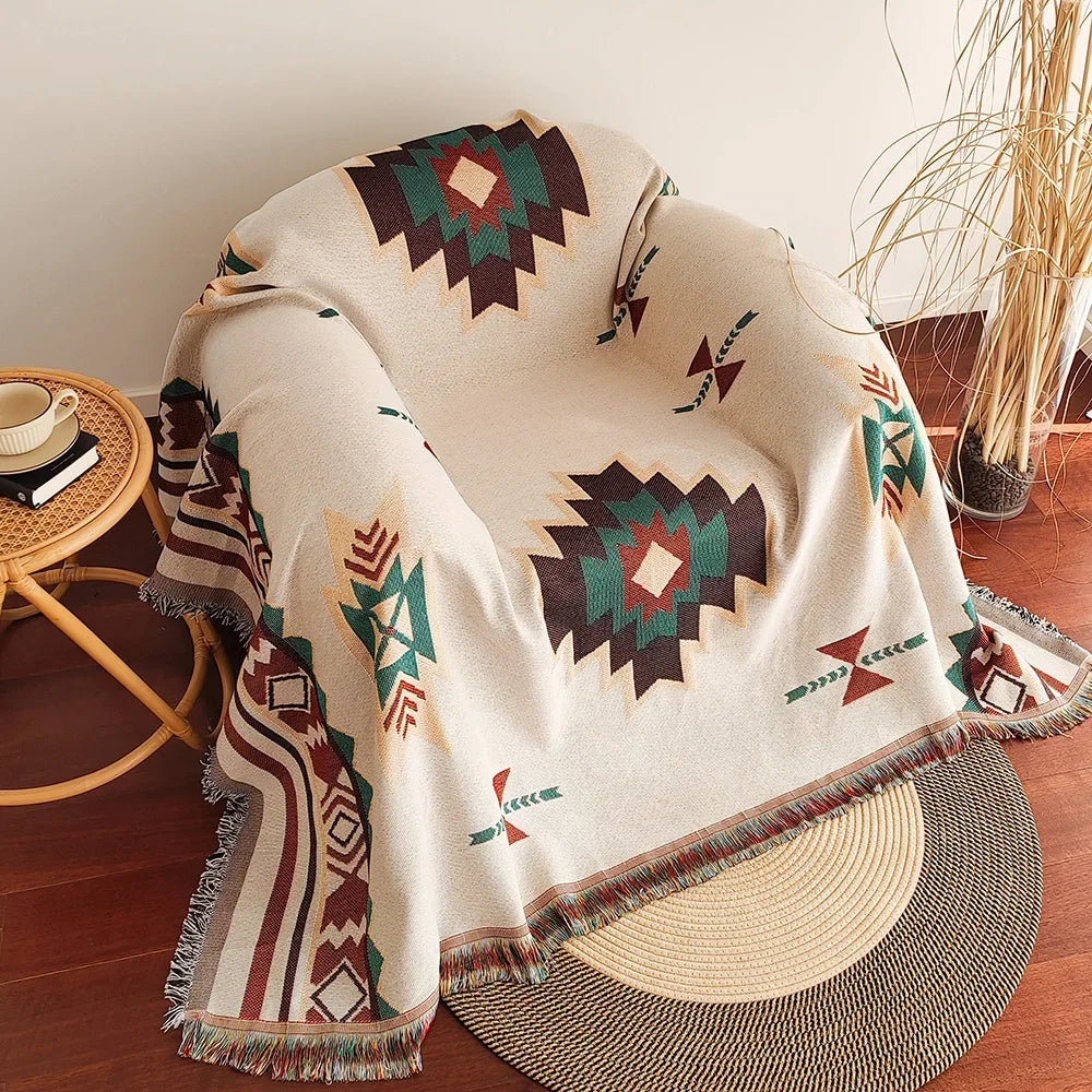 Couverture Aztèque Bohème – Jeté Tissé à Franges | Motifs Géométriques Vintage | Style Southwestern Double Face
