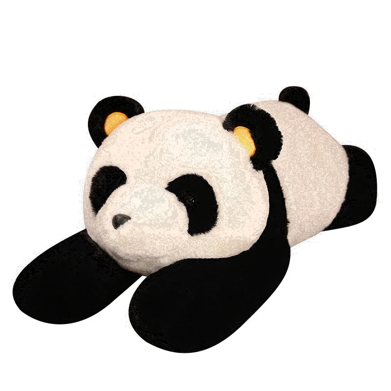 Grande peluche panda noire et blanche allongée sur le ventre