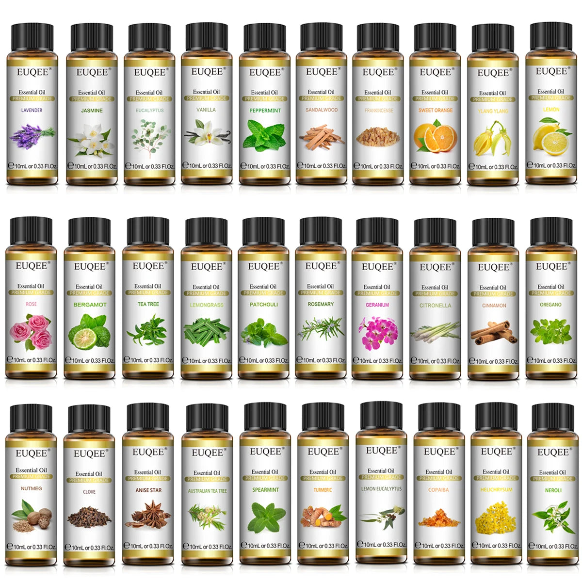 Huile Essentielle 100 % Naturelle EUQEE 10 ml – Lavande, Eucalyptus, Vanille, Agrumes & Plus