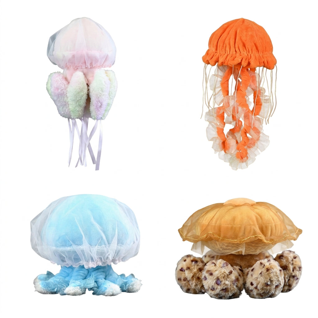 Les 4 peluches méduses réalistes : rose, ortie de mer orange, bleue et œuf au plat