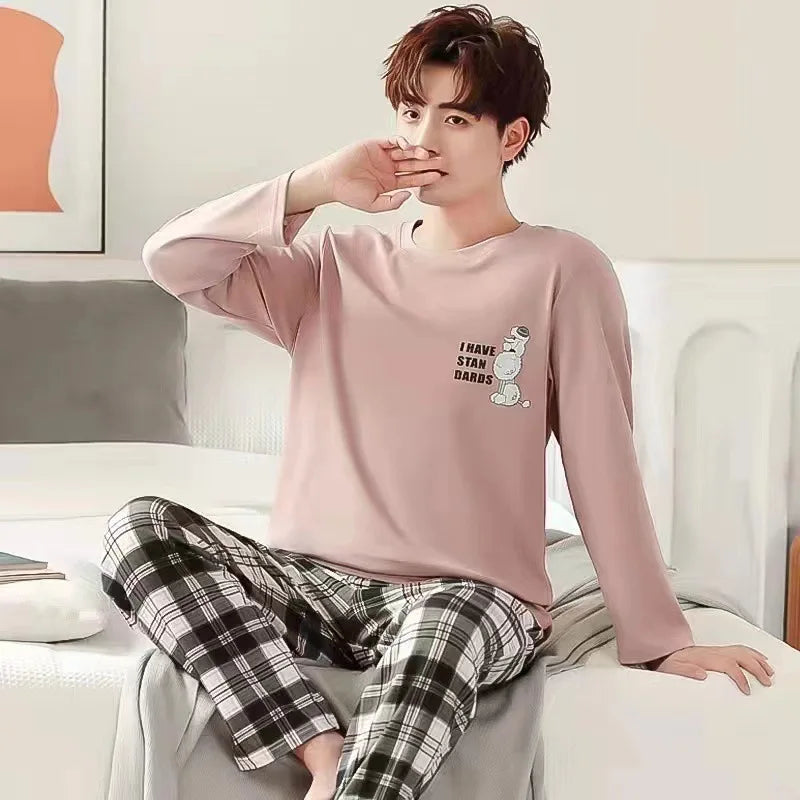 Pyjamas Homme – Manches Longues, Rayures & Motif Cartoon