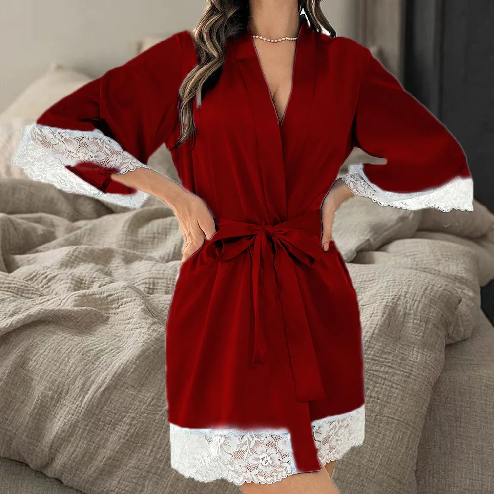 Robe de Nuit Satinée Femme – Kimono Court avec Dentelle & Ceinture | Élégant Peignoir