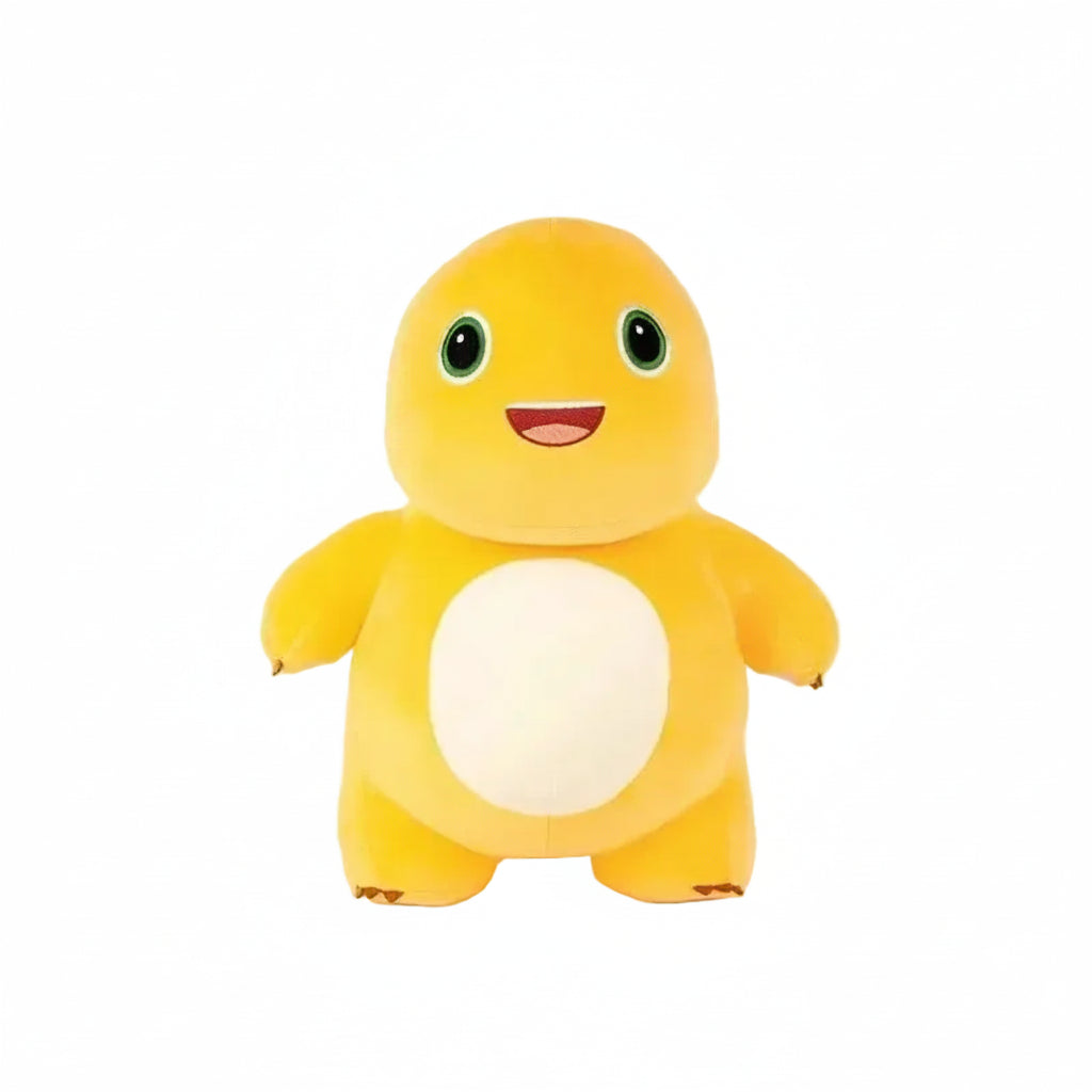 Peluche dragon kawaii jaune debout de face, gros yeux verts et ventre blanc arrondi