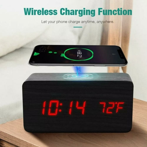 Réveil Digital en Bois avec Chargeur Sans Fil