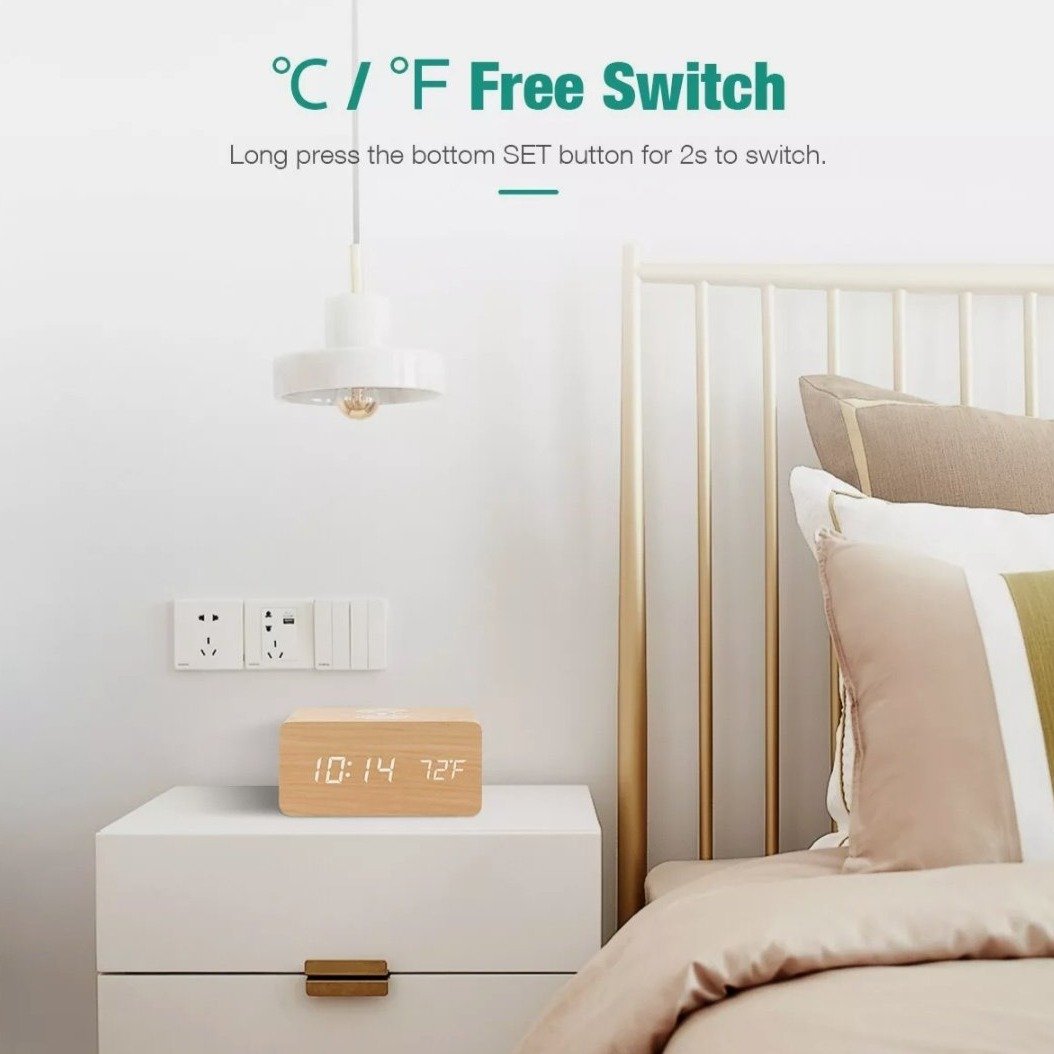 Réveil Digital en Bois avec Chargeur Sans Fil