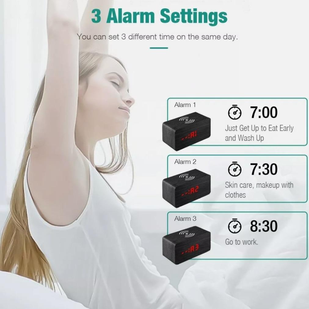 Réveil Digital en Bois avec Chargeur Sans Fil