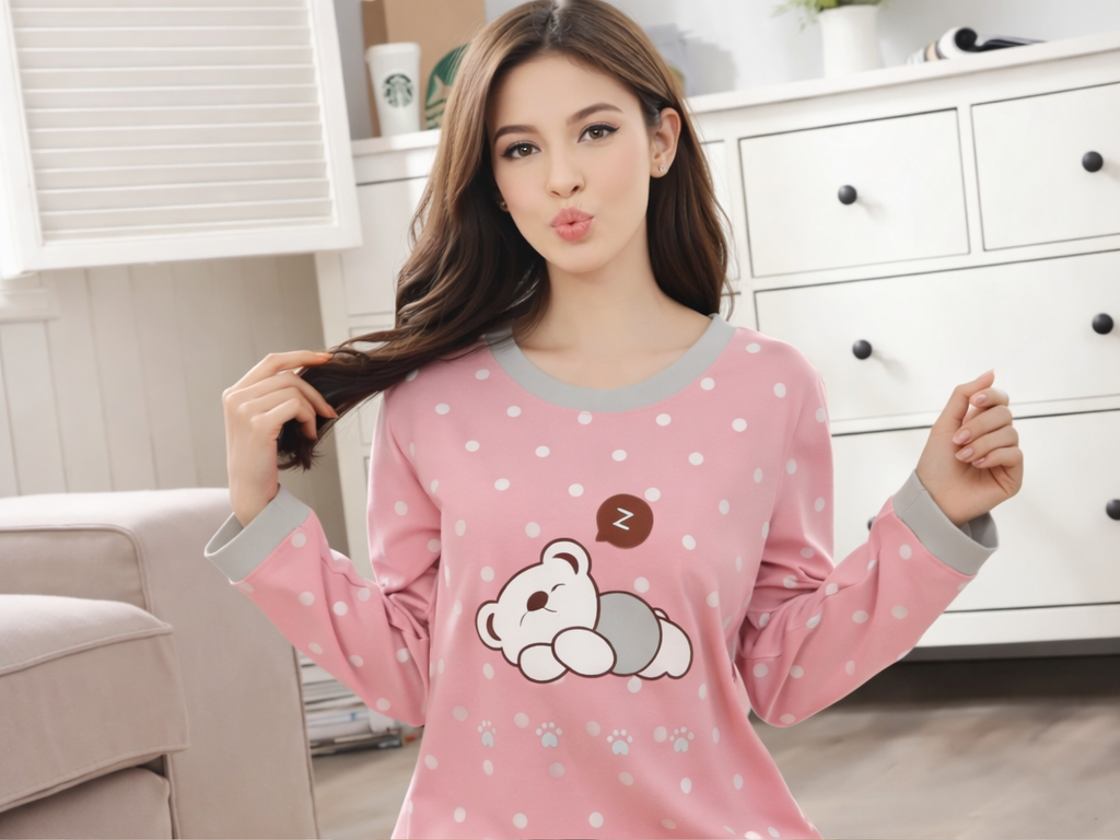 Pyjama Femme Léger Automne – Ensemble 2 Pièces Motif Ours & Chat Tasse | Haut à Col Rond & Pantalon Confort